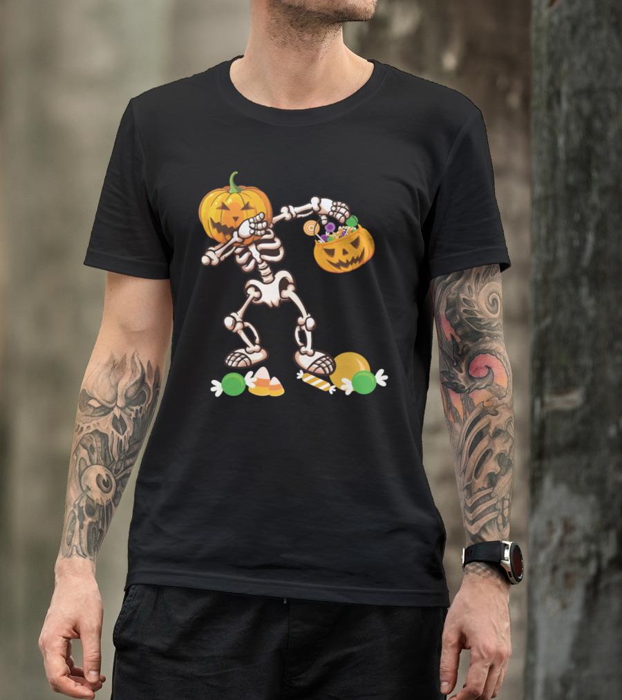 Halloween Pumpkin Skeleton Dabbing With Candy T-Shirt