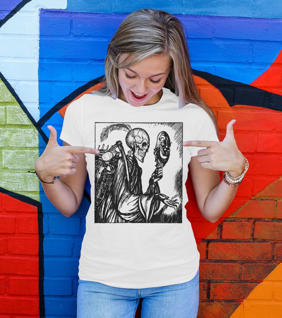 Death Comes Calling Skeleton Holding Mask T-Shirt
