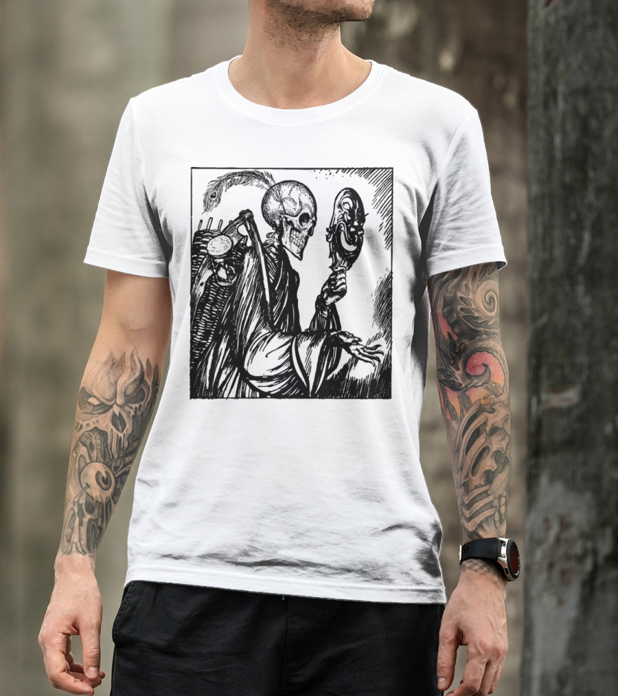Death Comes Calling Skeleton Holding Mask T-Shirt