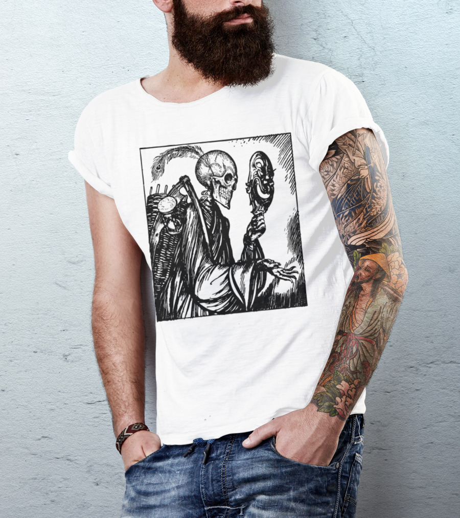 Death Comes Calling Skeleton Holding Mask T-Shirt