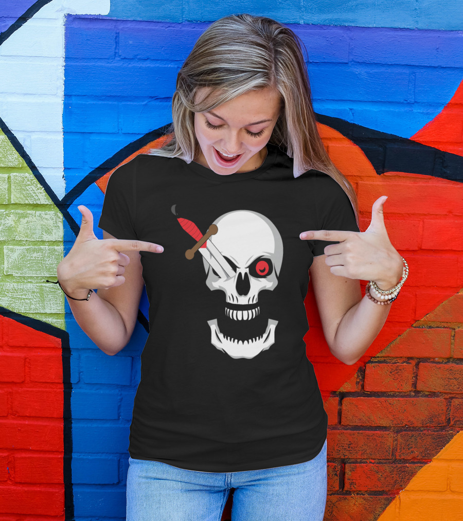 Halloween Skull With Knife In One Eye And Scary Red Eye T-Shirt