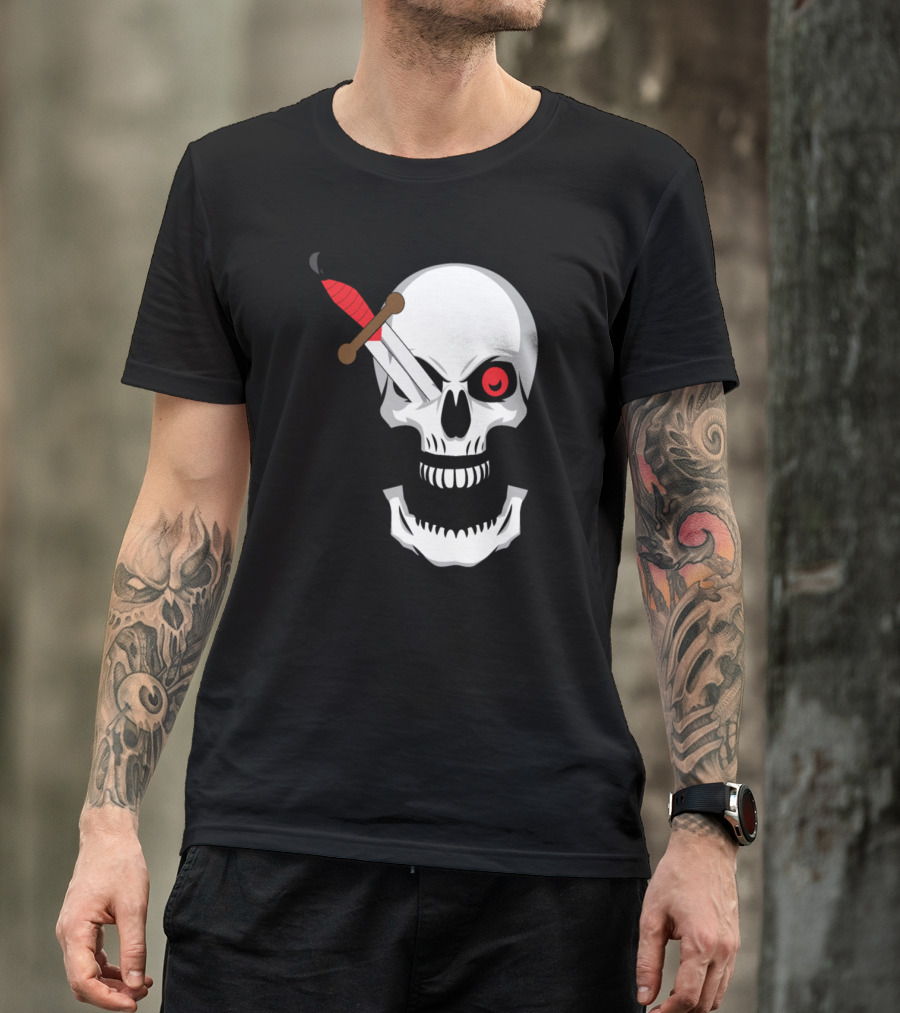 Halloween Skull With Knife In One Eye And Scary Red Eye T-Shirt