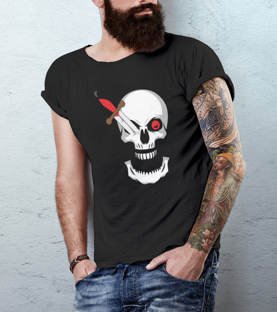 Halloween Skull With Knife In One Eye And Scary Red Eye T-Shirt