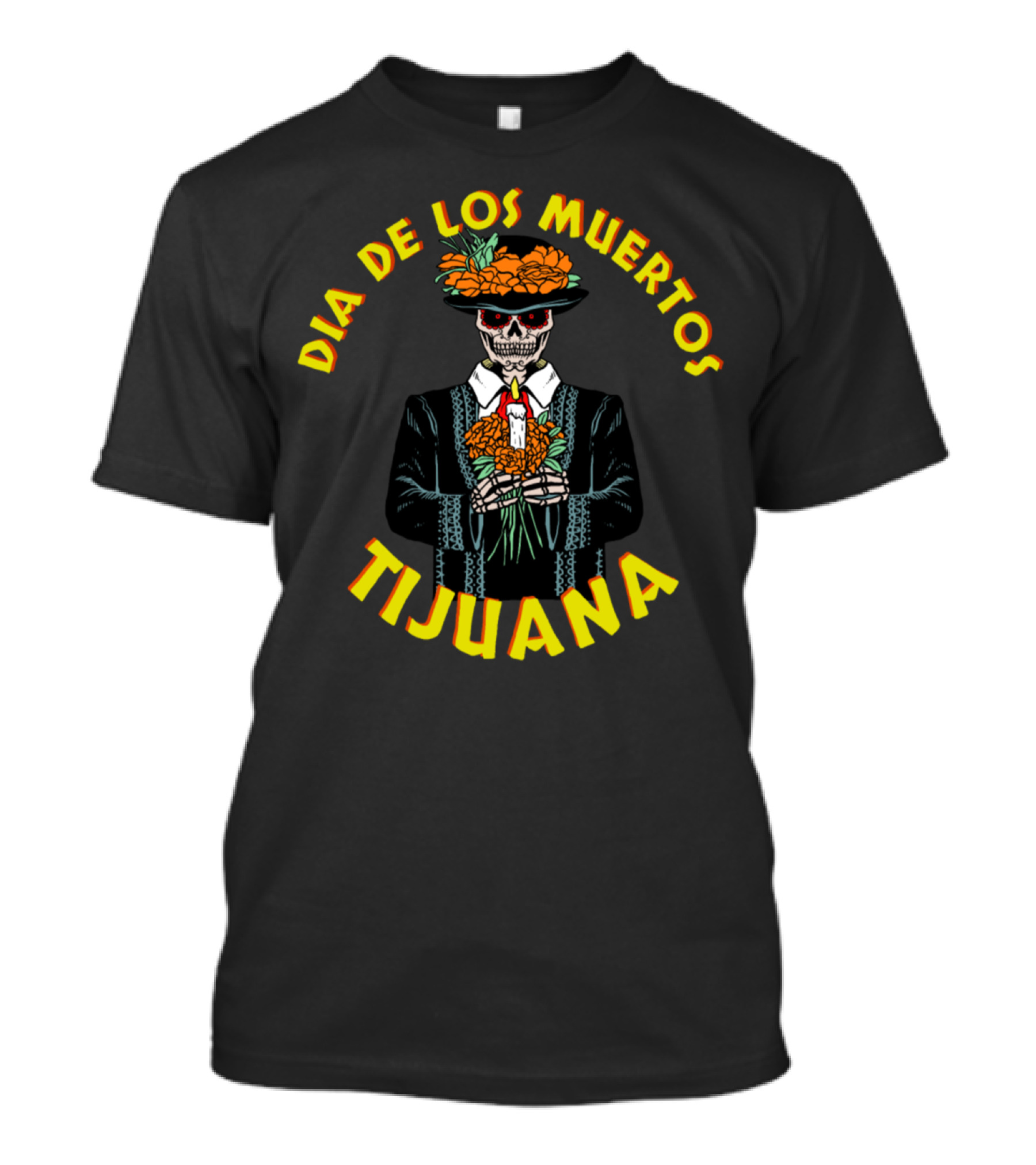 Dia De Los Muertos Tijuana Skeleton With Marigolds And Candles T-Shirt