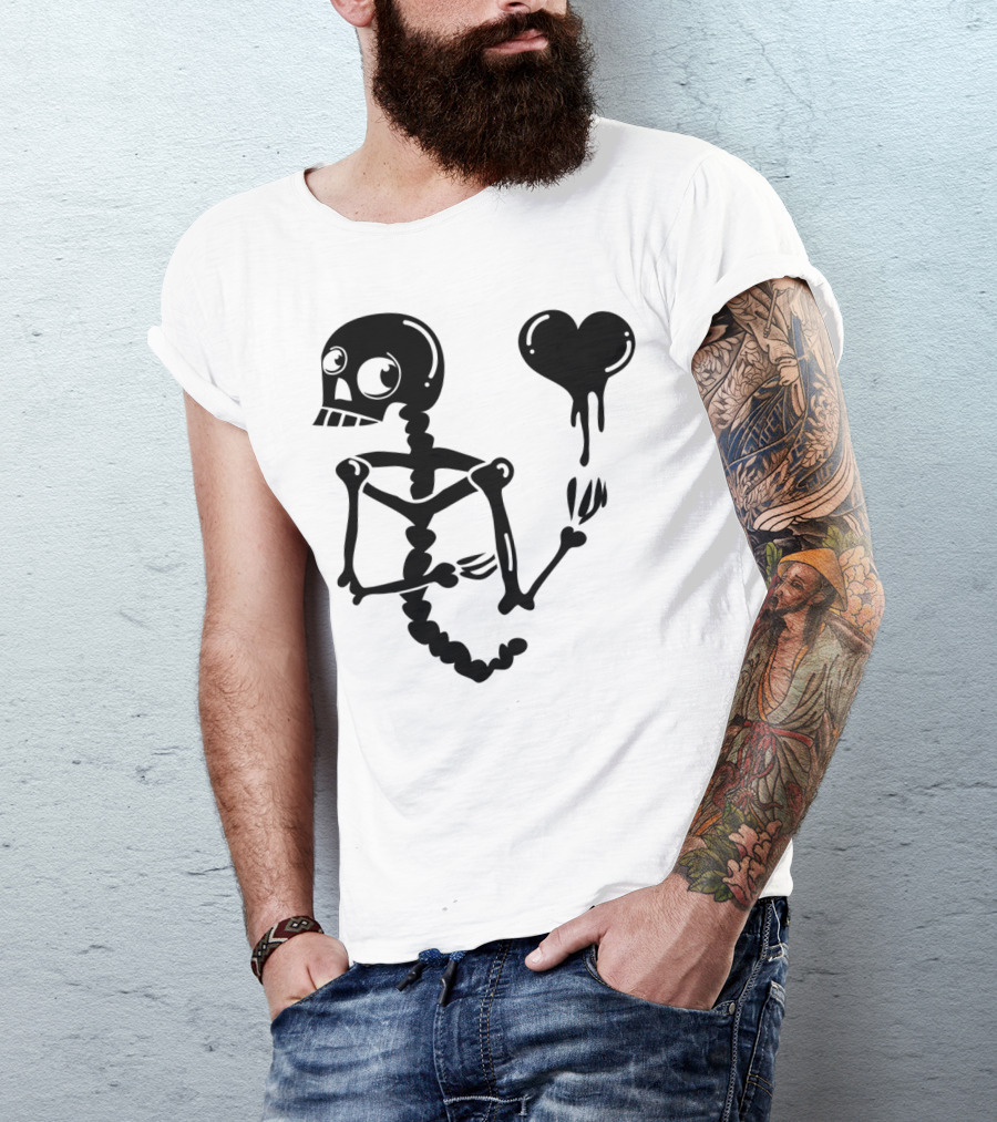 CREEPY SKELETON WITH LOVE HEART DRIPPING BLACK BEANIE EYES T-Shirt