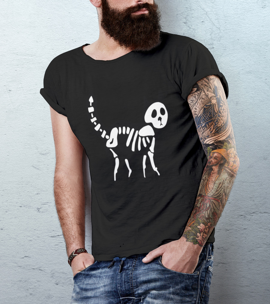 Skeleton Cat Black And White Halloween T-Shirt