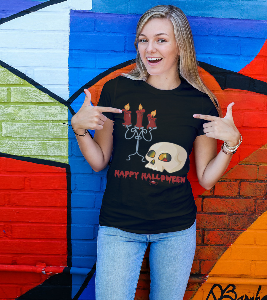Happy Halloween Monster Zombie Horror Skull Bone Candle T-Shirt