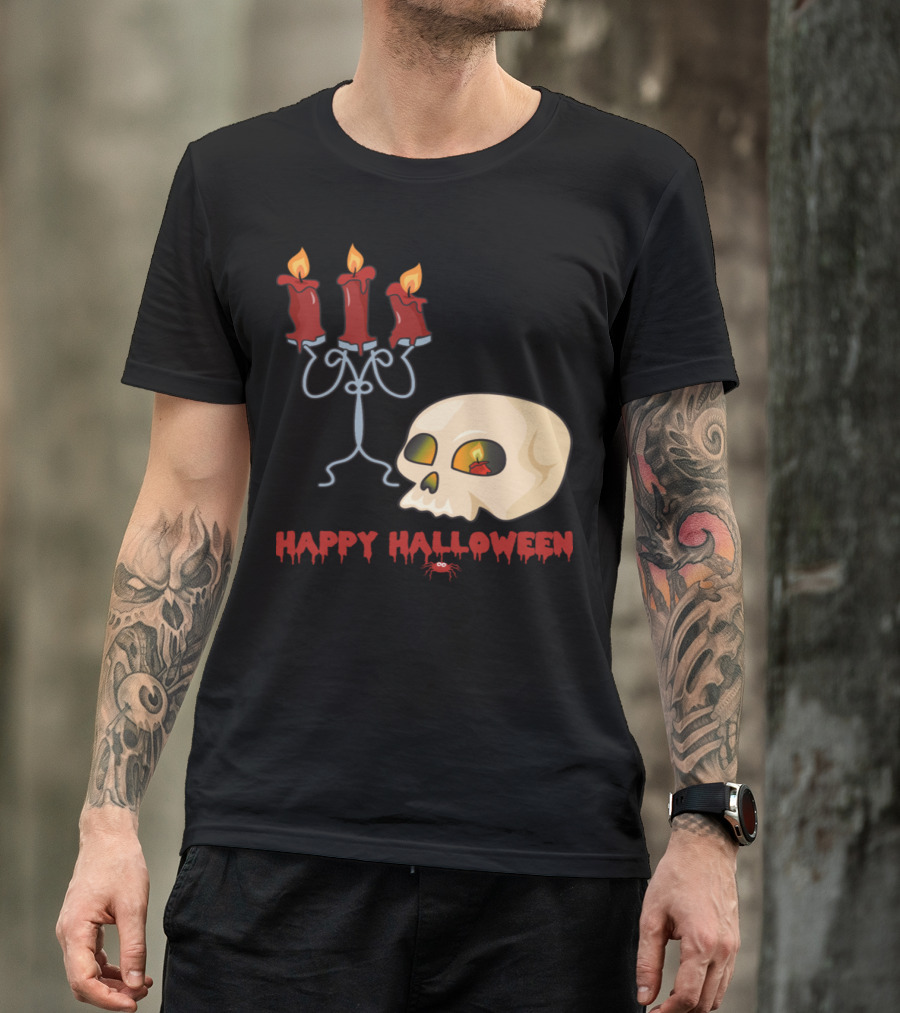 Happy Halloween Monster Zombie Horror Skull Bone Candle T-Shirt