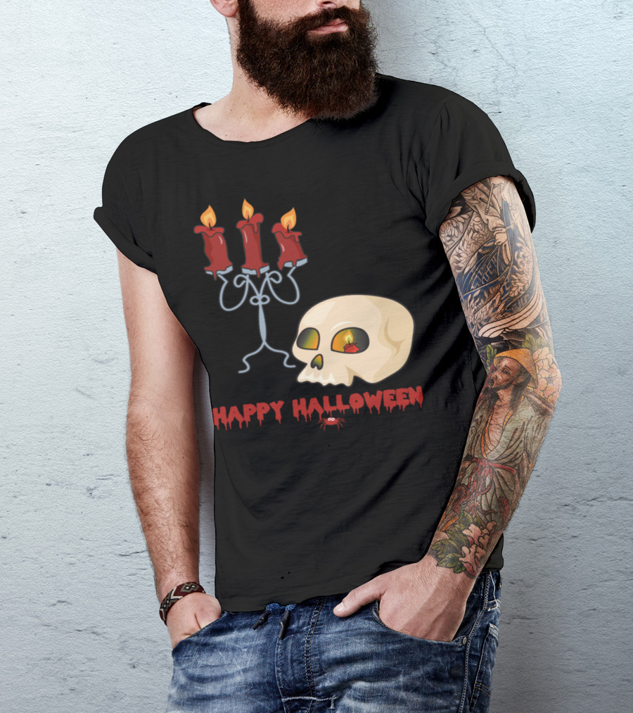Happy Halloween Monster Zombie Horror Skull Bone Candle T-Shirt