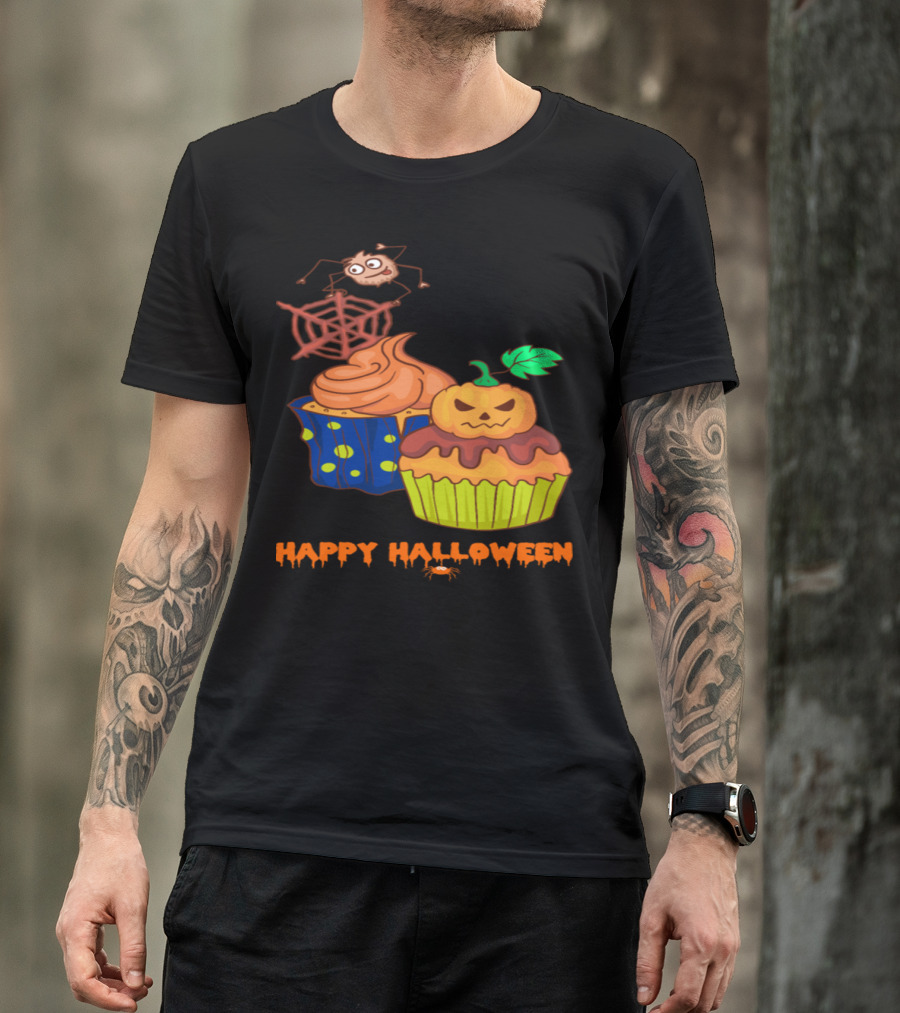 Happy Halloween Cupcake Muffins Spider Web Pumpkin T-Shirt