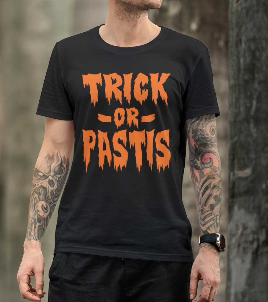 Trick Or Pastis Halloween Phrase In Spooky Orange Text T-Shirt