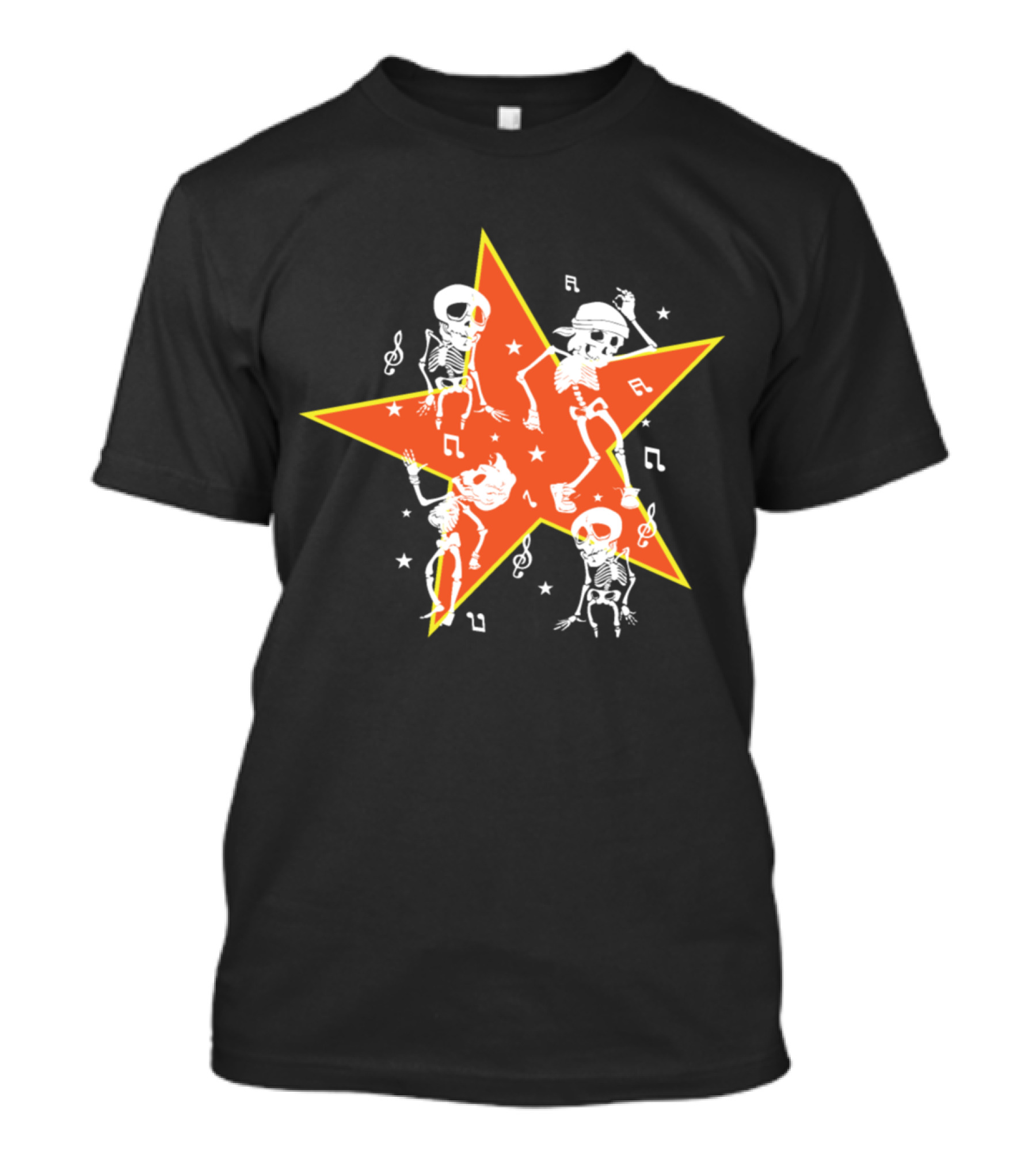 Dancing Skeletons With Hats And Musical Notes On Orange Star Background T-Shirt