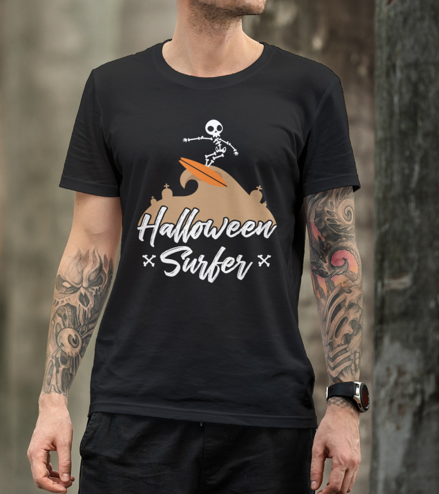 Halloween Surfer Skeleton Riding Orange Waves T-Shirt