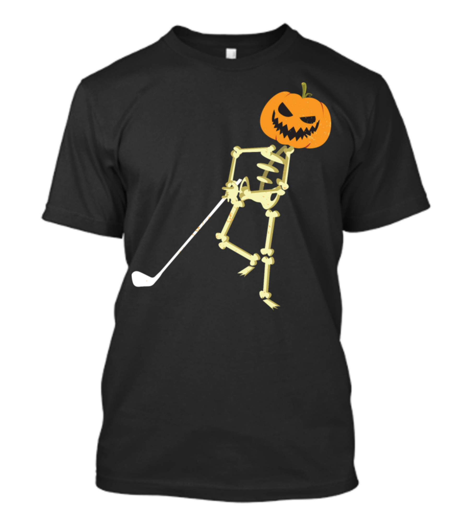 Skeleton Pumpkin Head Playing Golf Funny Halloween Humor T-Shirt