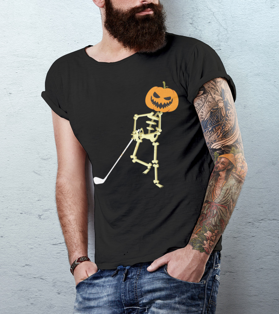 Skeleton Pumpkin Head Playing Golf Funny Halloween Humor T-Shirt
