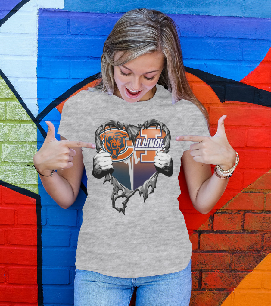 Chicago Bears Illinois Fighting Illini Heart Tear T-Shirt