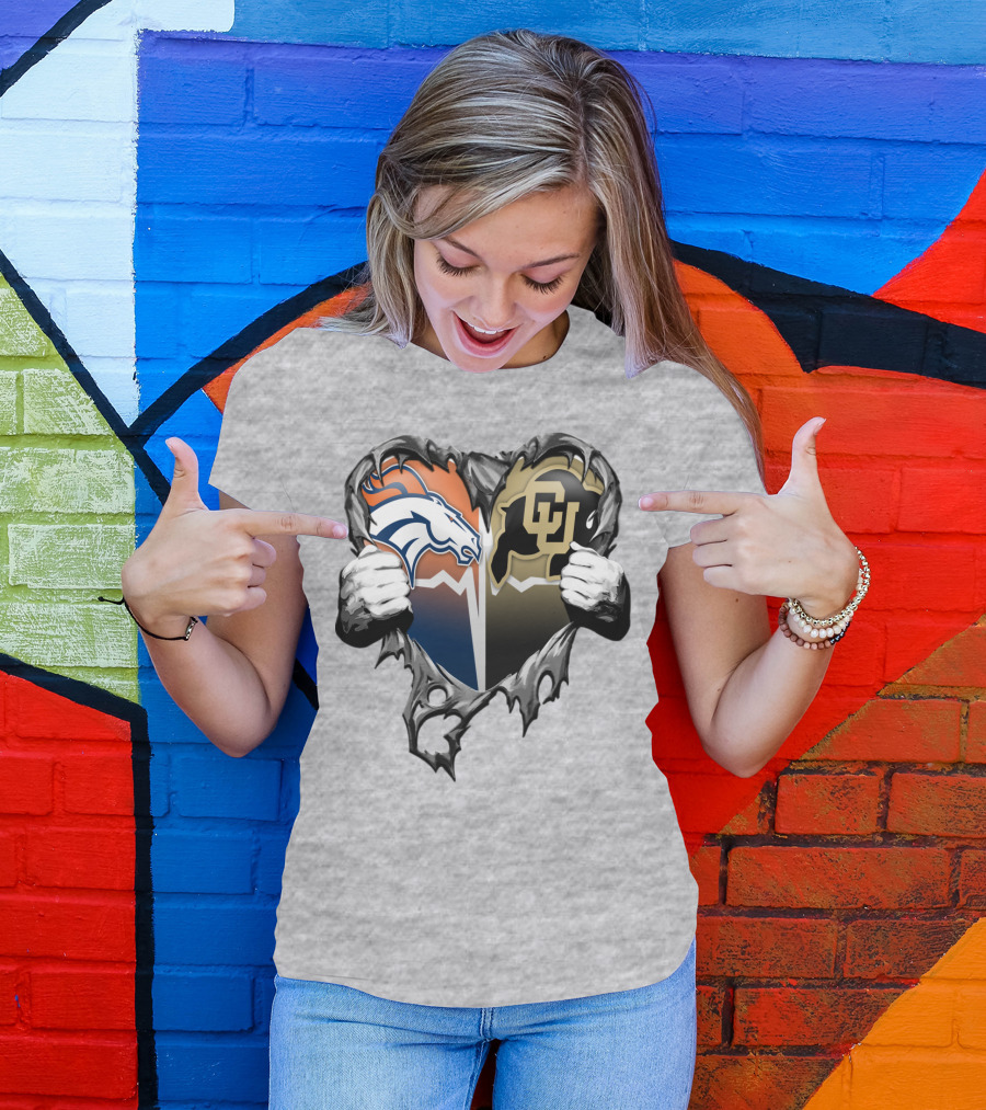 Denver Broncos And Colorado Buffaloes Heart Logo Rip T-Shirt