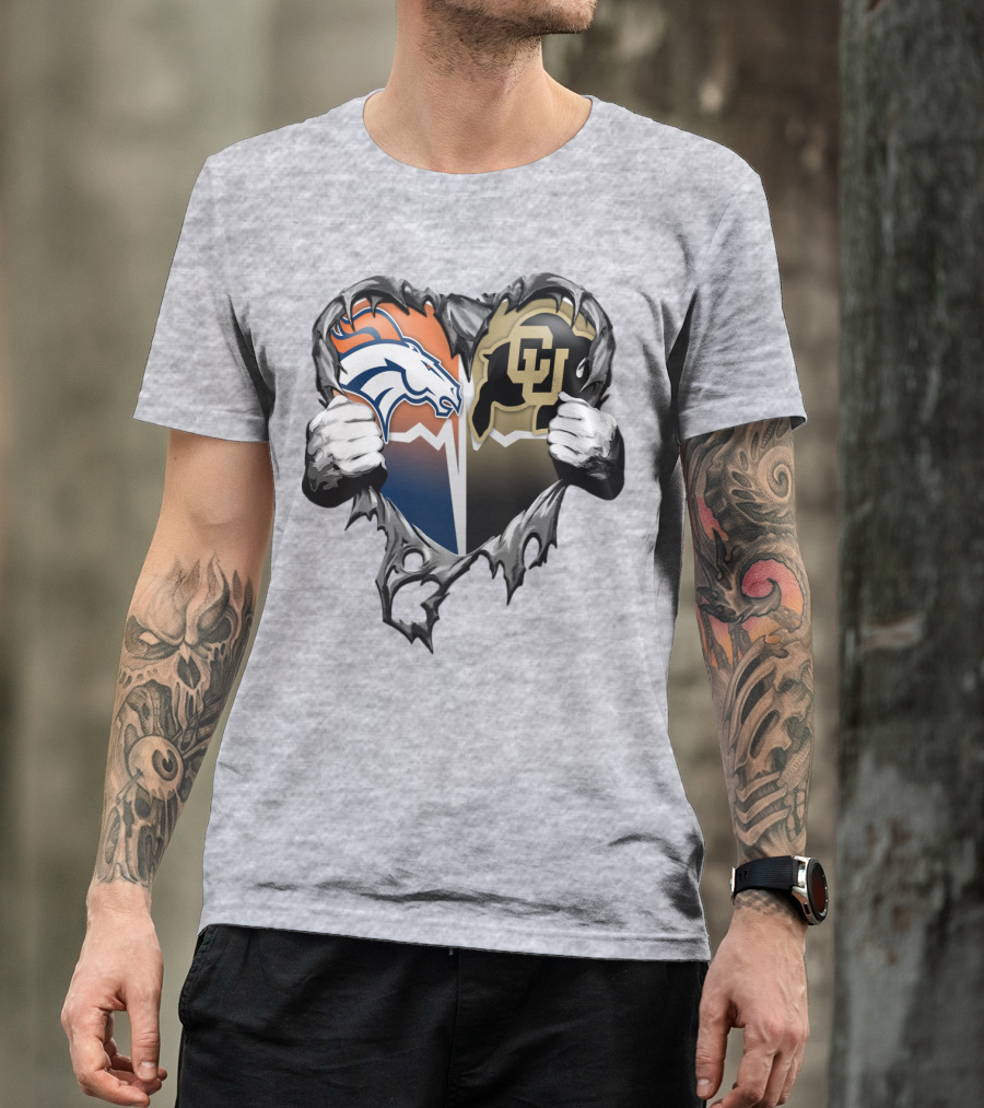 Denver Broncos And Colorado Buffaloes Heart Logo Rip T-Shirt