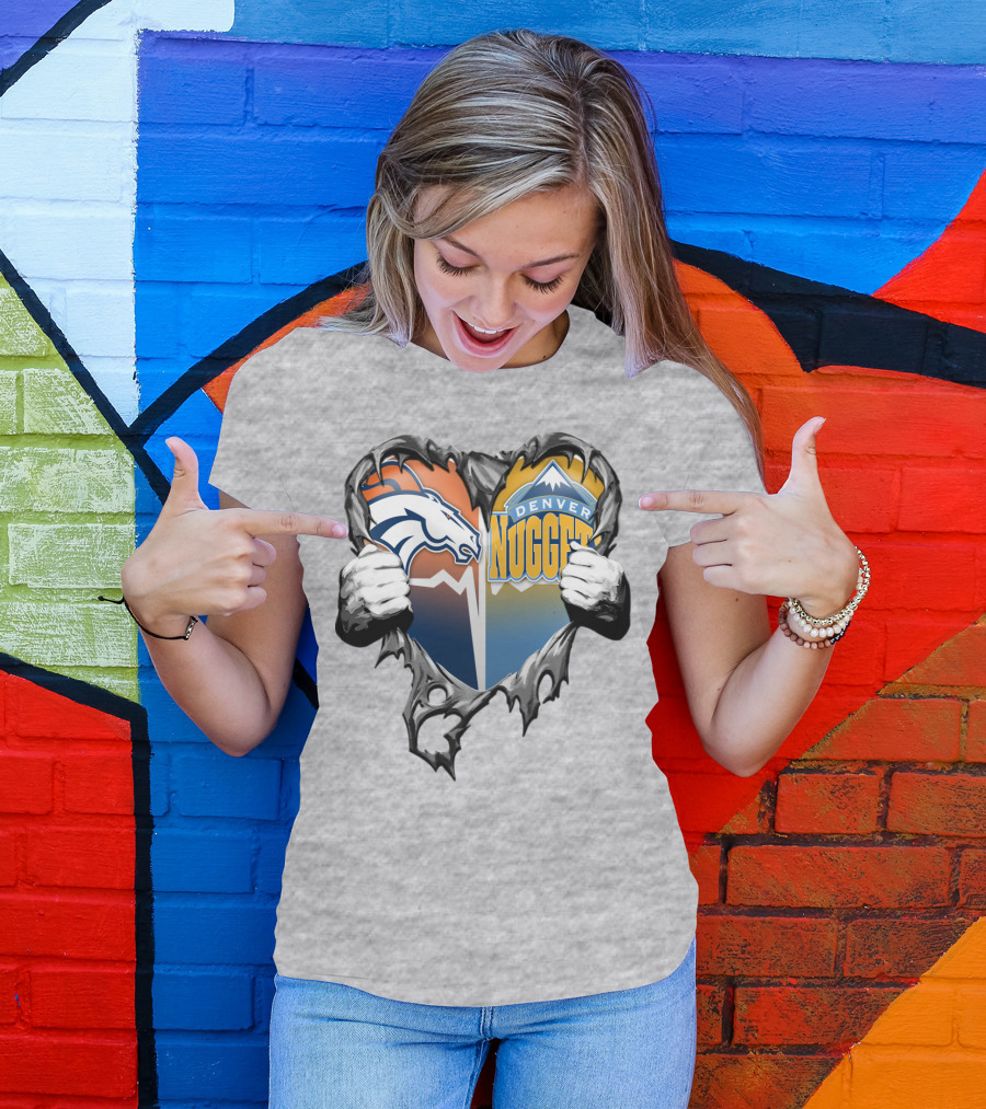 Broncos Nuggets Torn Heart Logo Fusion T-Shirt