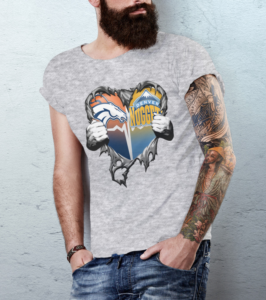 Broncos Nuggets Torn Heart Logo Fusion T-Shirt