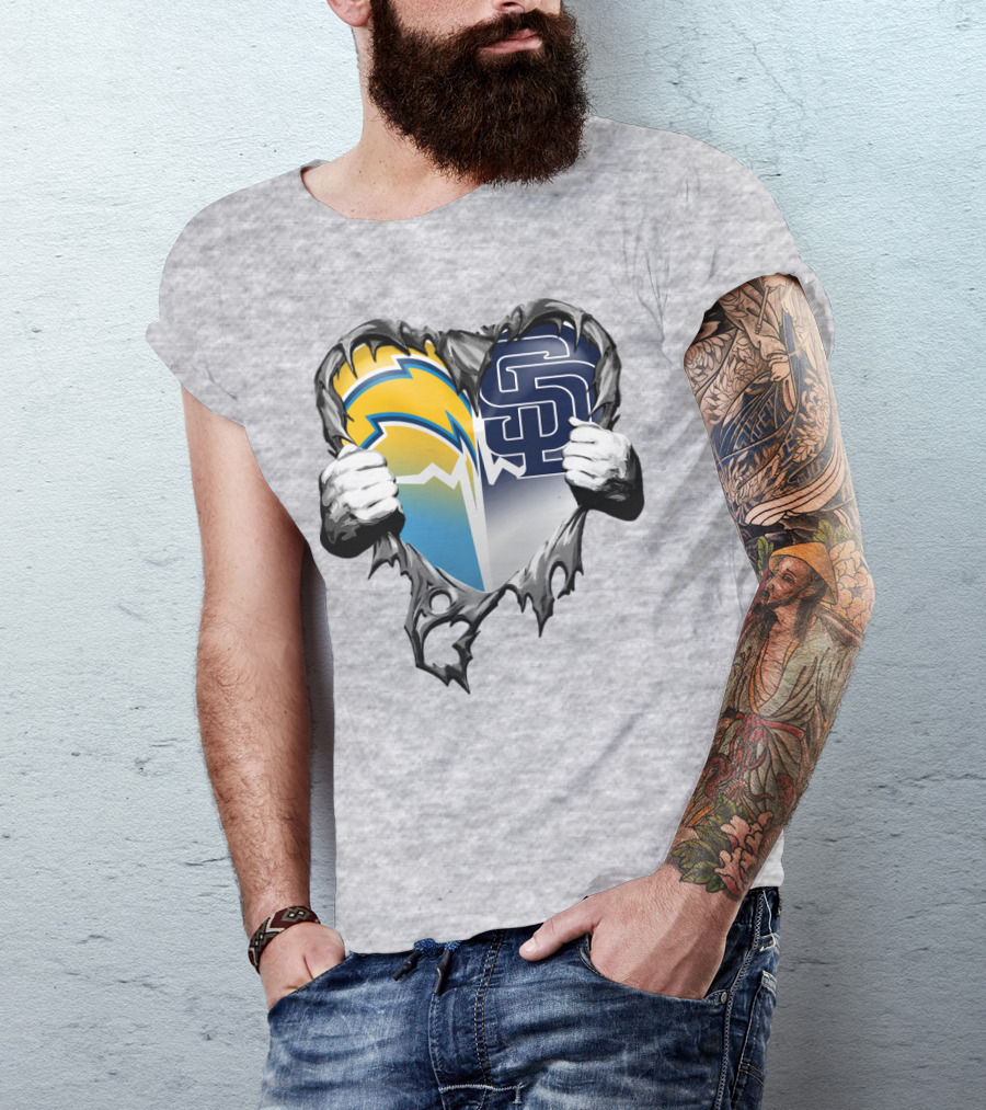 Los Angeles Chargers San Diego Padres Heart Logo Fusion T-Shirt
