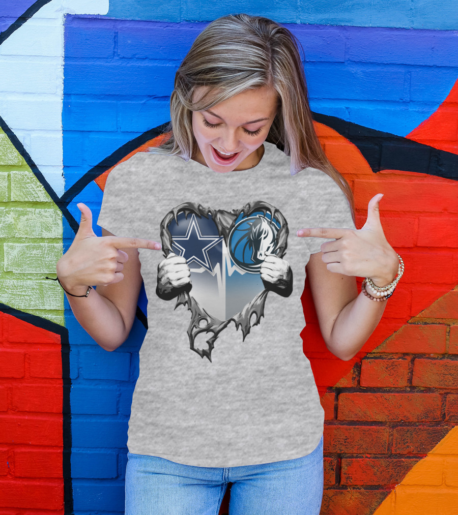 Dallas Cowboys And Mavericks Heart Logo Fusion T-Shirt