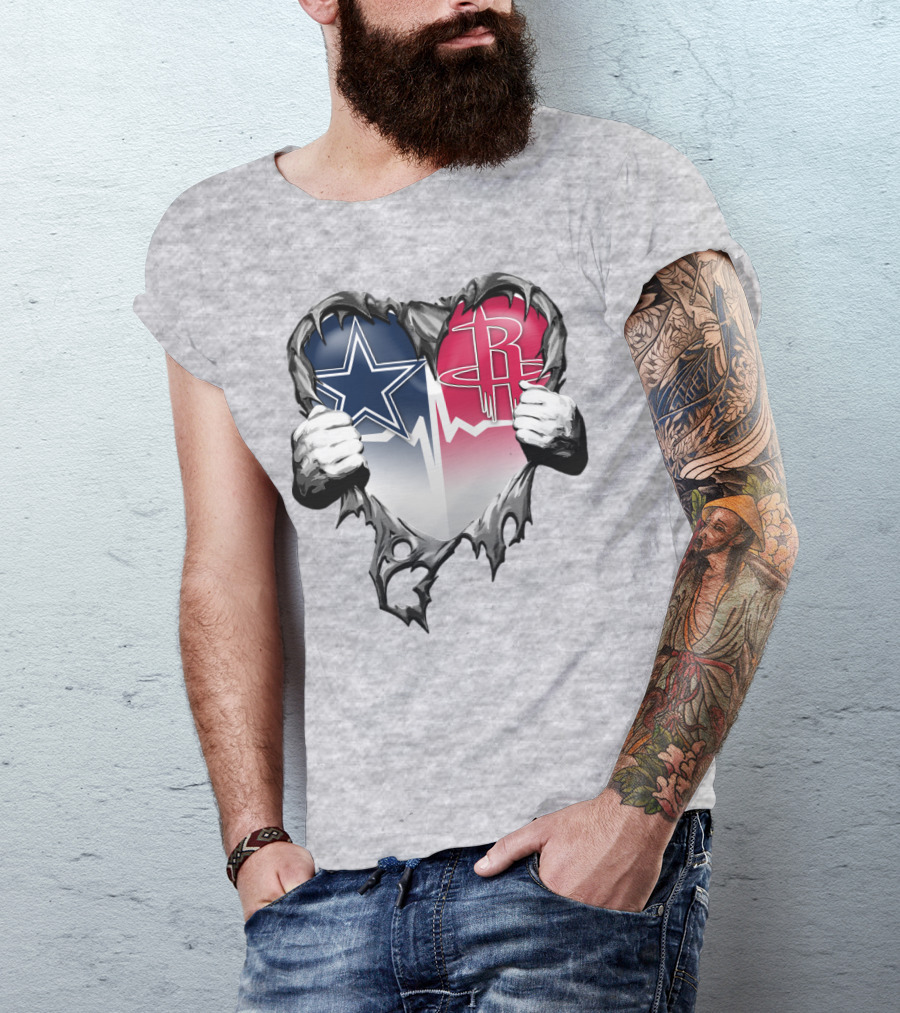 Dallas Cowboys Houston Rockets Torn Heart Logo Fusion T-Shirt
