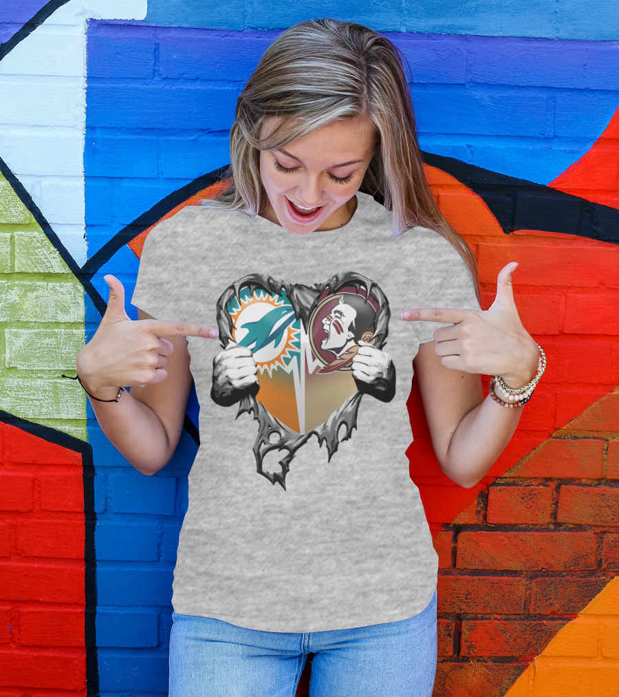 Miami Dolphins Florida State Seminoles Heart Tear T-Shirt