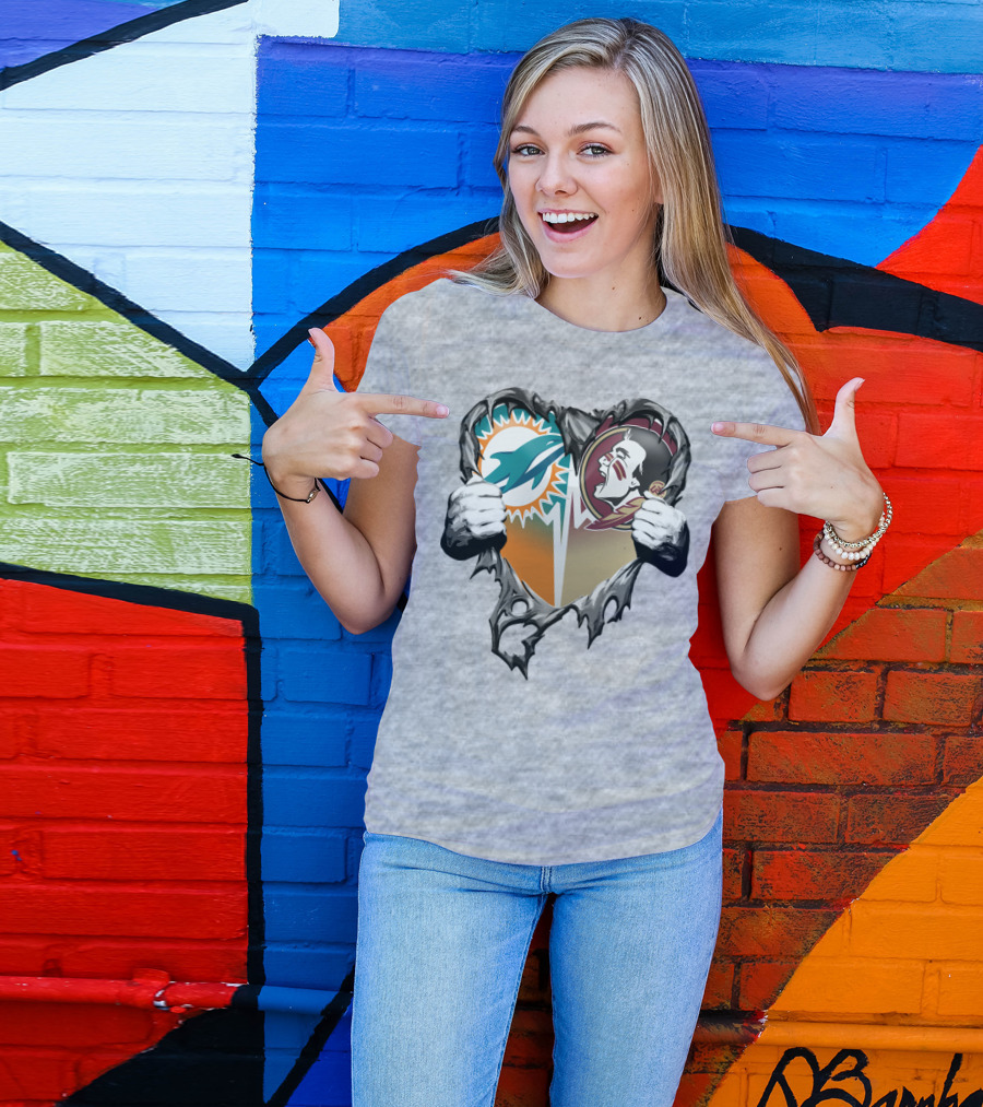 Miami Dolphins Florida State Seminoles Heart Tear T-Shirt