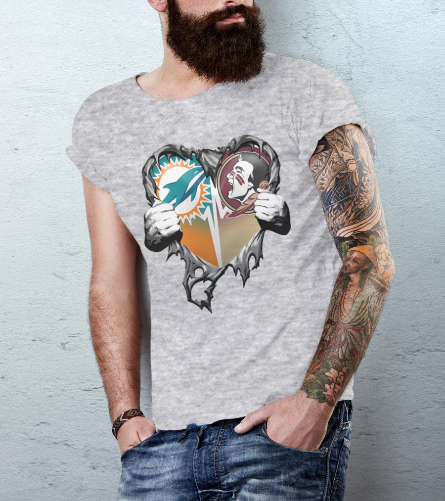 Miami Dolphins Florida State Seminoles Heart Tear T-Shirt