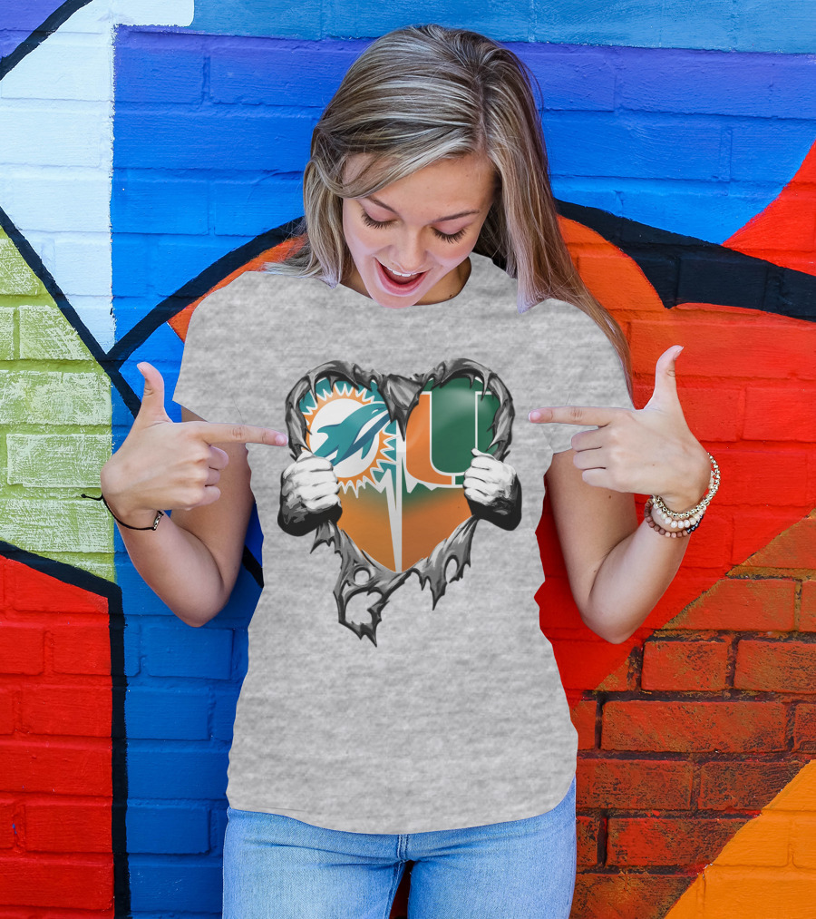 Miami Dolphins And Miami Hurricanes Heart T-Shirt