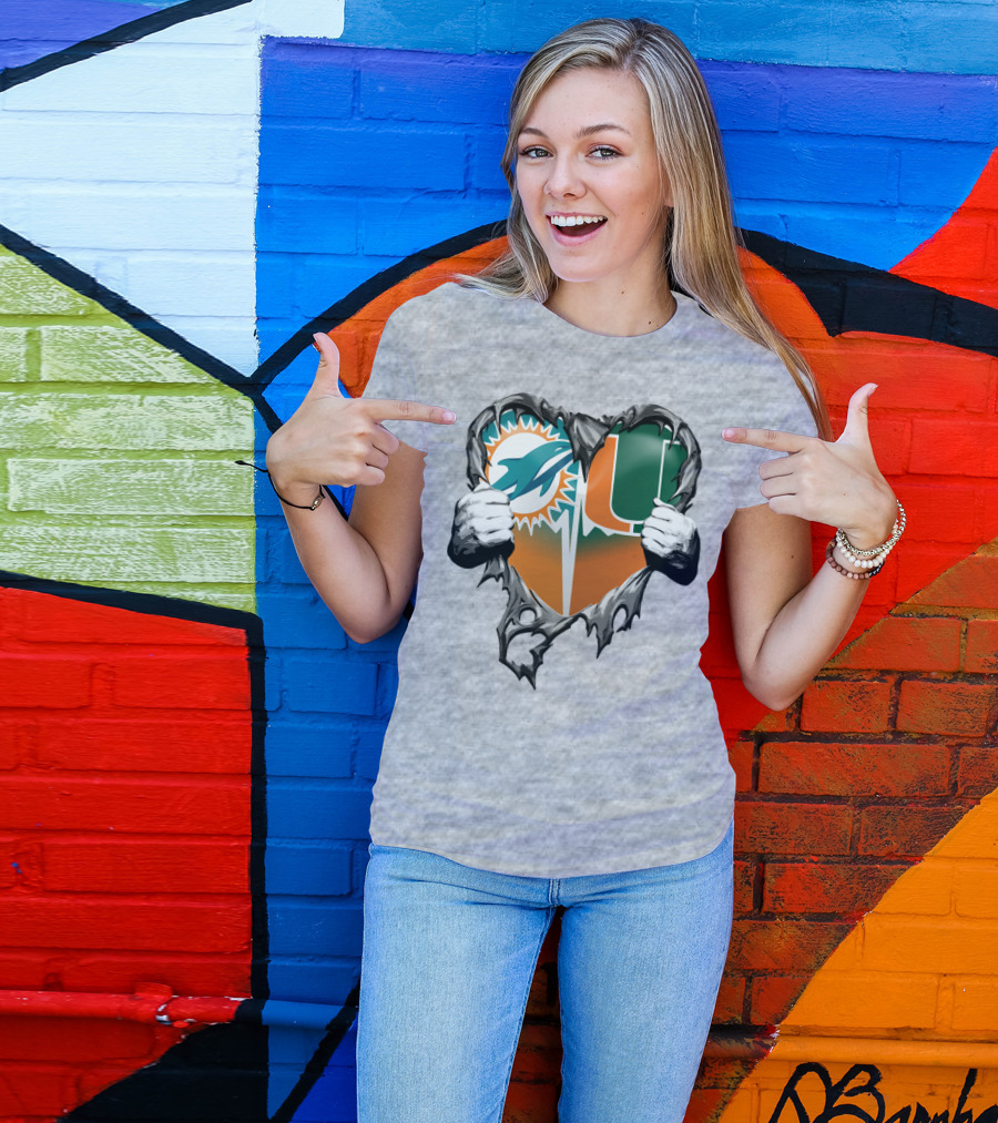 Miami Dolphins And Miami Hurricanes Heart T-Shirt