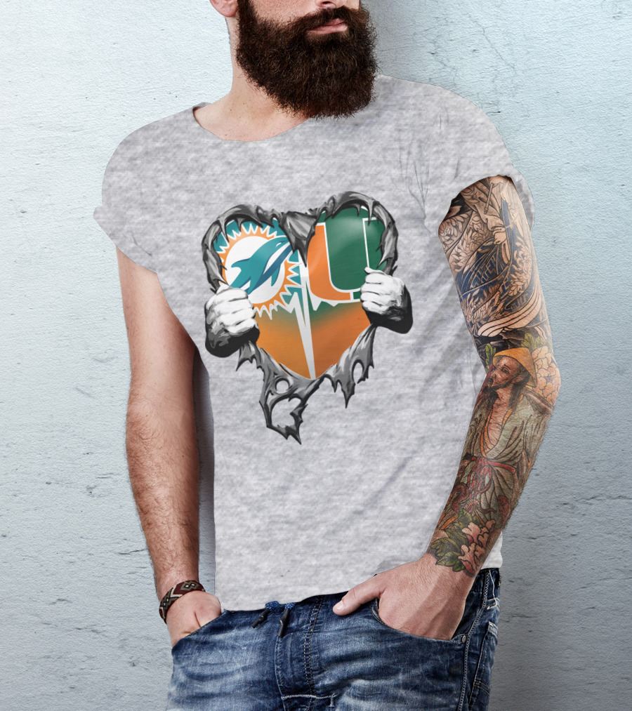 Miami Dolphins And Miami Hurricanes Heart T-Shirt