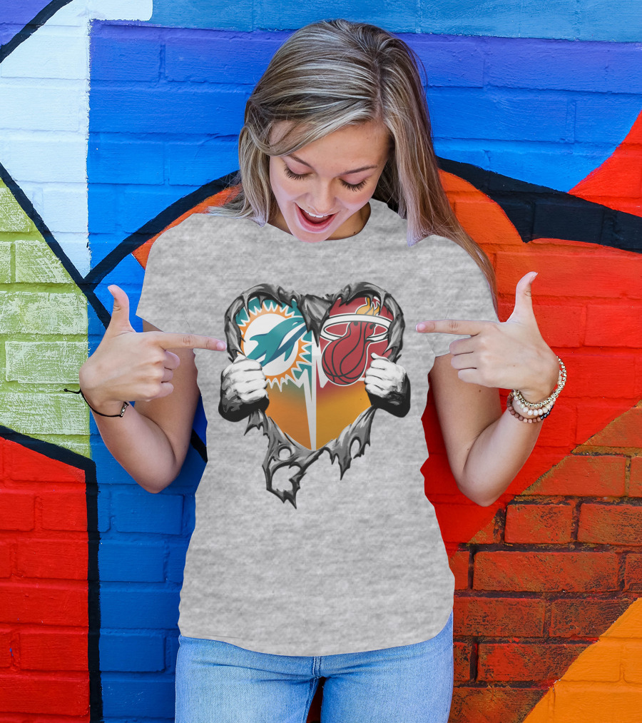 Miami Dolphins Miami Heat Heart Hands T-Shirt