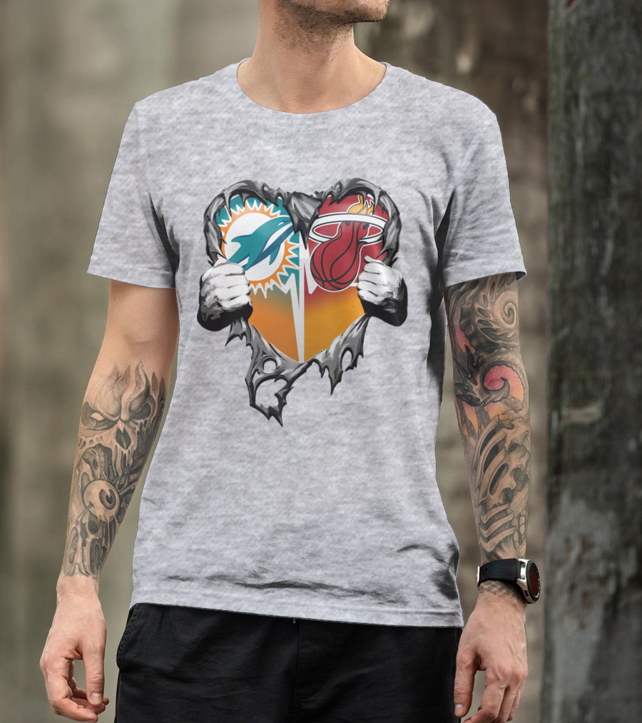 Miami Dolphins Miami Heat Heart Hands T-Shirt