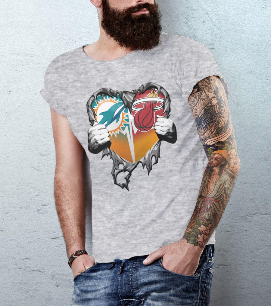 Miami Dolphins Miami Heat Heart Hands T-Shirt
