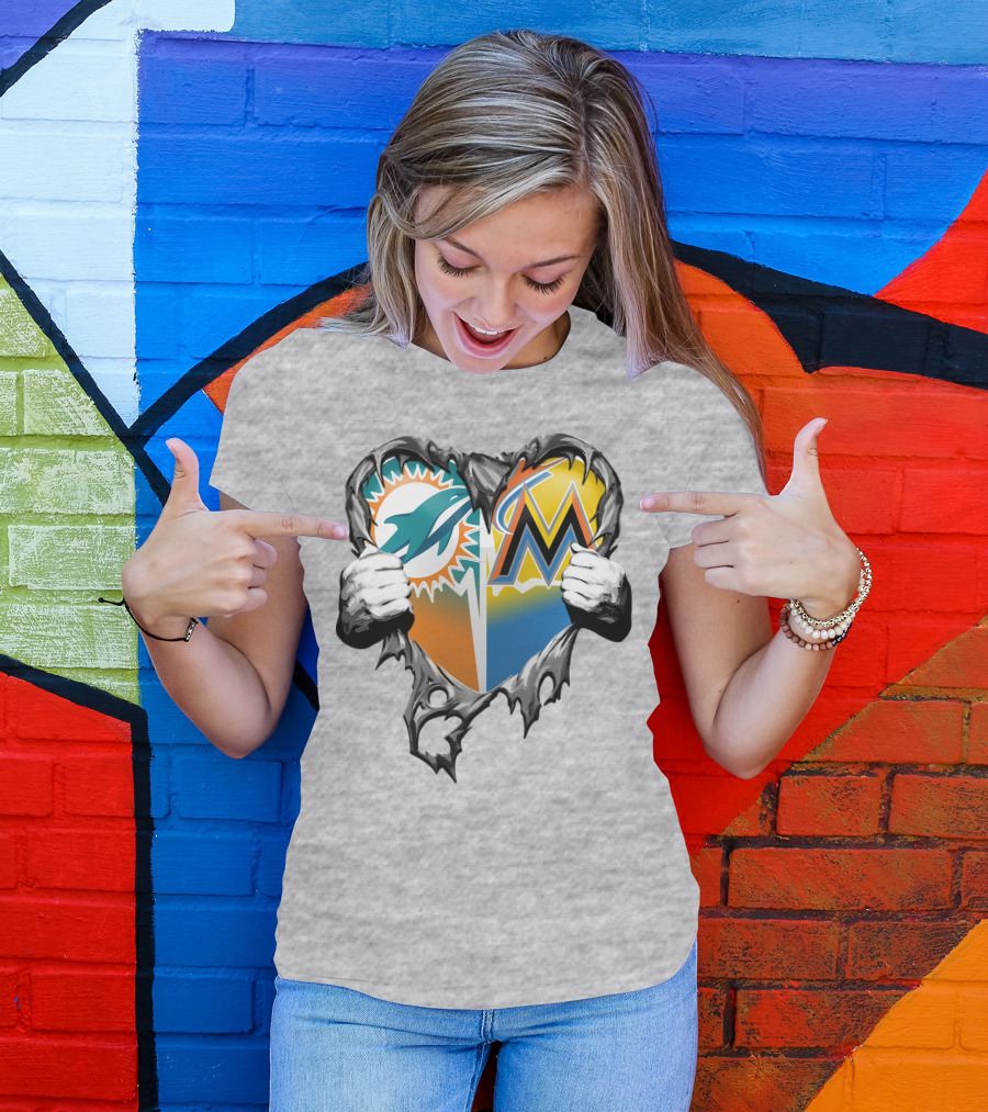 Miami Dolphins Miami Marlins Heart T-Shirt