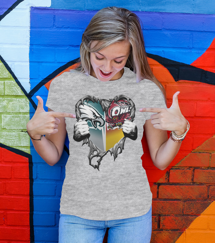 Philadelphia Eagles Temple Owls Heart Logo Rip T-Shirt