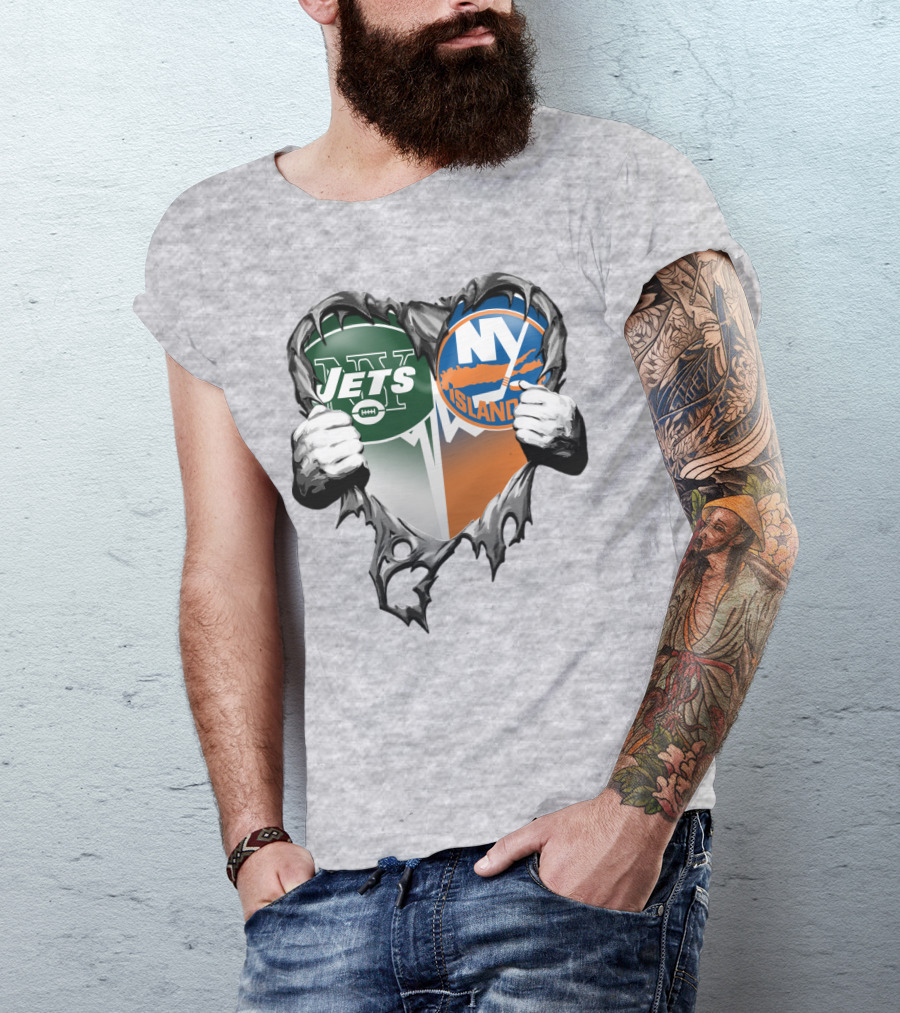 Jets Islanders Heart Rip Torn Metal Hands T-Shirt