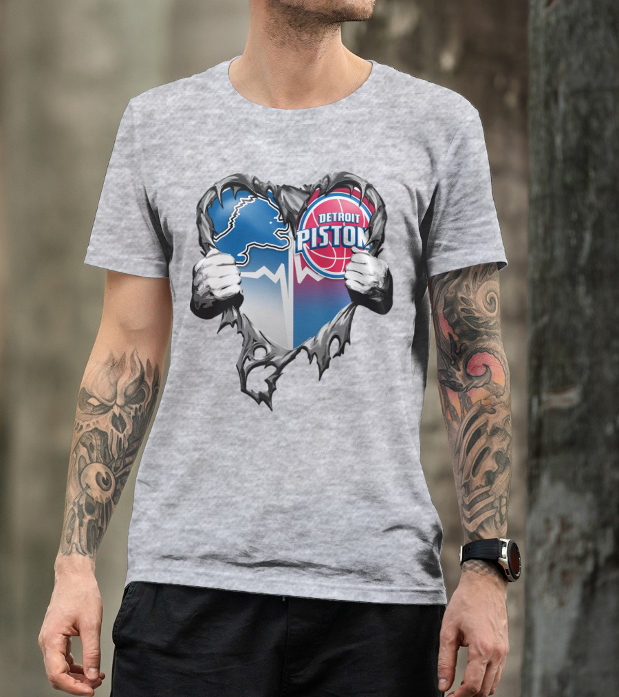 Detroit Lions And Detroit Pistons Heart Logo Fusion T-Shirt