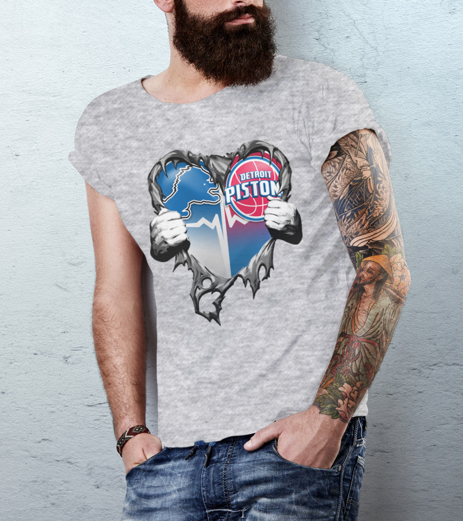 Detroit Lions And Detroit Pistons Heart Logo Fusion T-Shirt