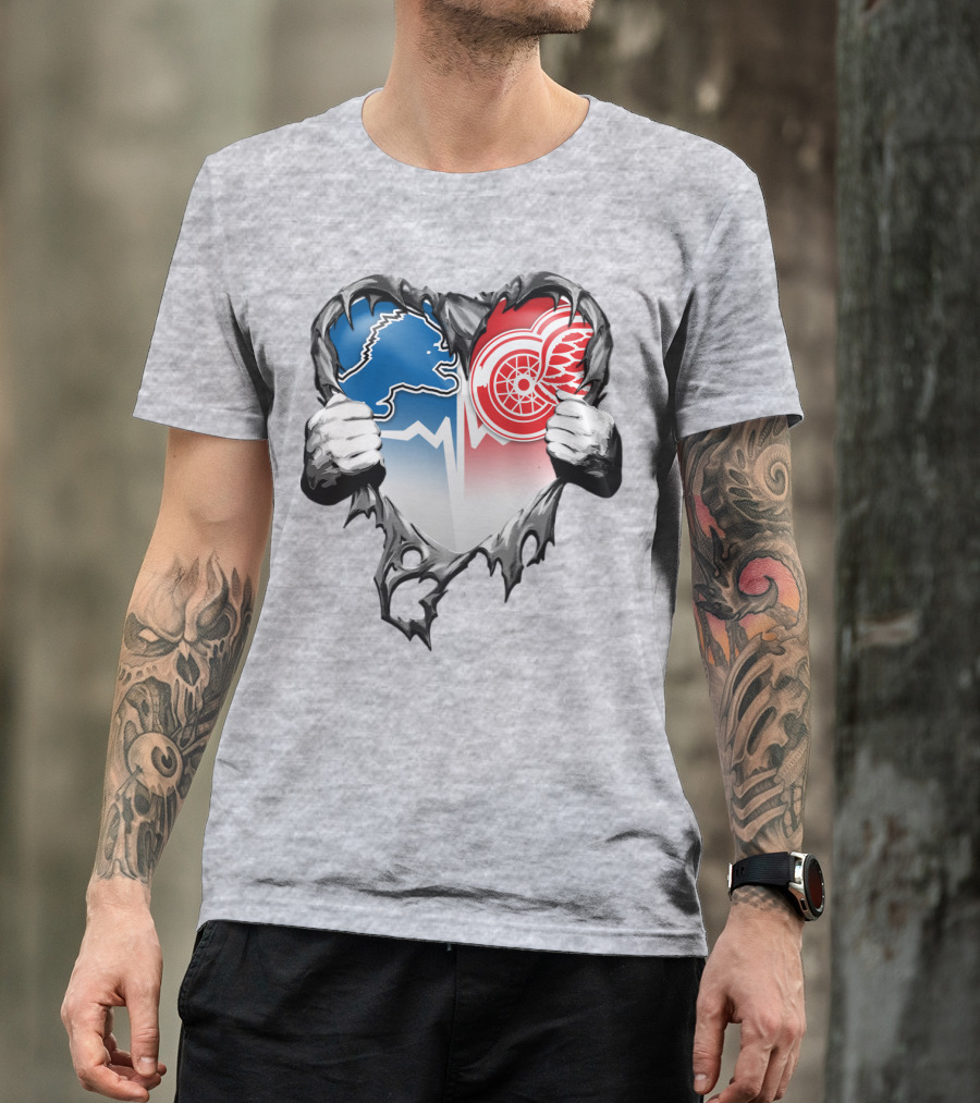 Xatt073 Detroit Lions Red Wings Heart Rip T-Shirt