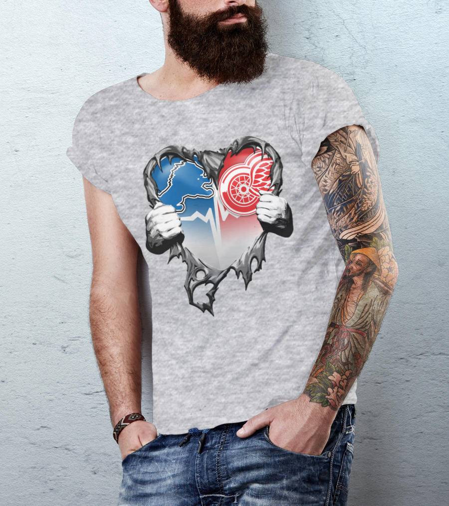 Xatt073 Detroit Lions Red Wings Heart Rip T-Shirt