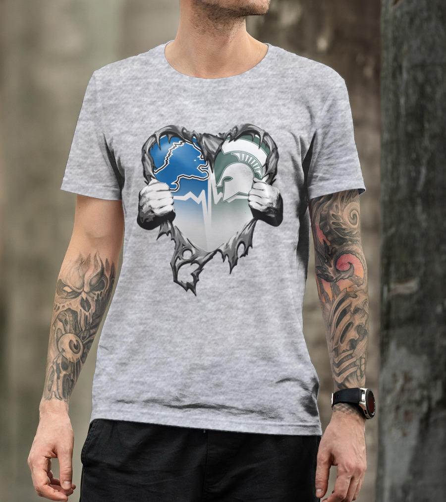 Detroit Lions And Michigan State Spartans Heart Logo Collaboration T-Shirt