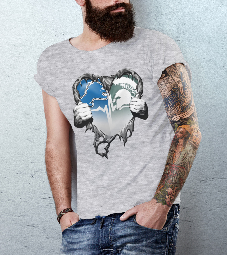 Detroit Lions And Michigan State Spartans Heart Logo Collaboration T-Shirt