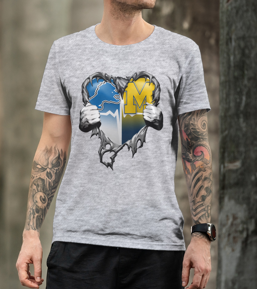 Detroit Lions And Michigan Wolverines Split Heart T-Shirt