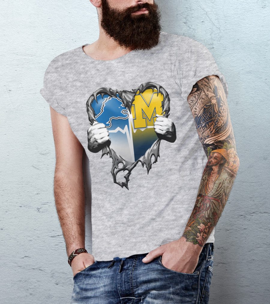 Detroit Lions And Michigan Wolverines Split Heart T-Shirt