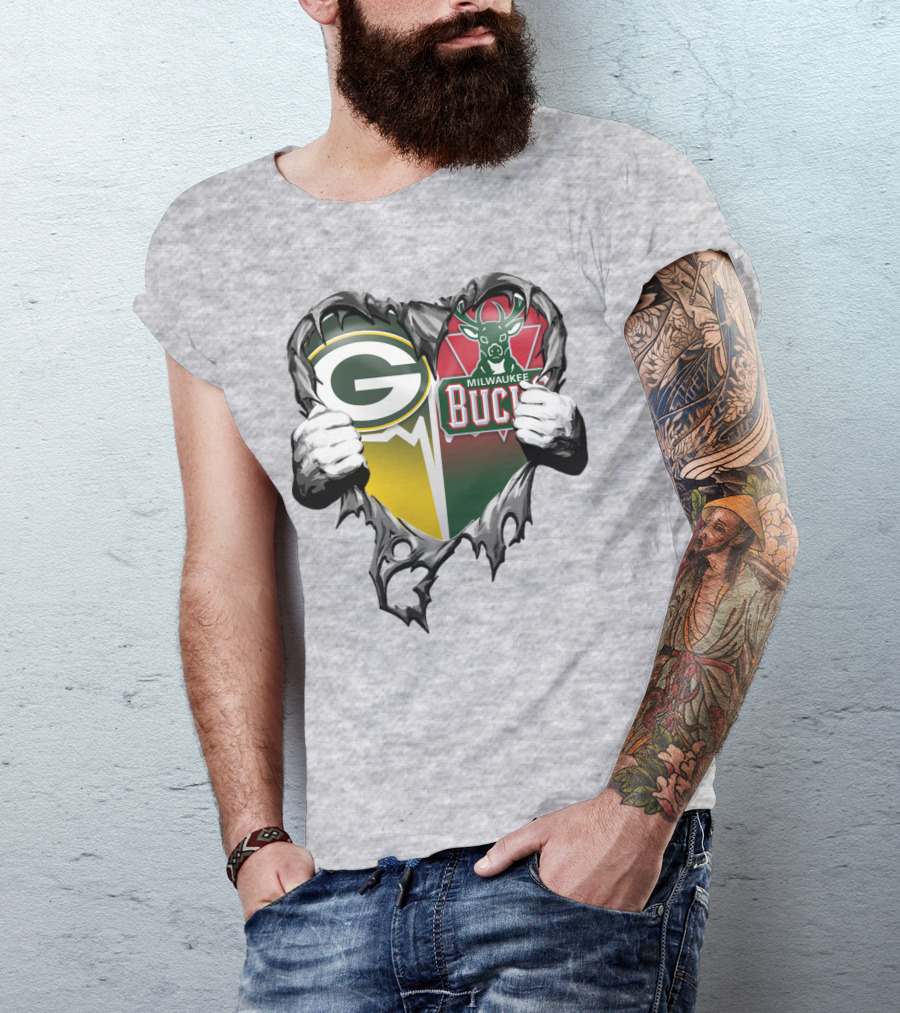 Green Bay Packers Milwaukee Bucks Heart T-Shirt