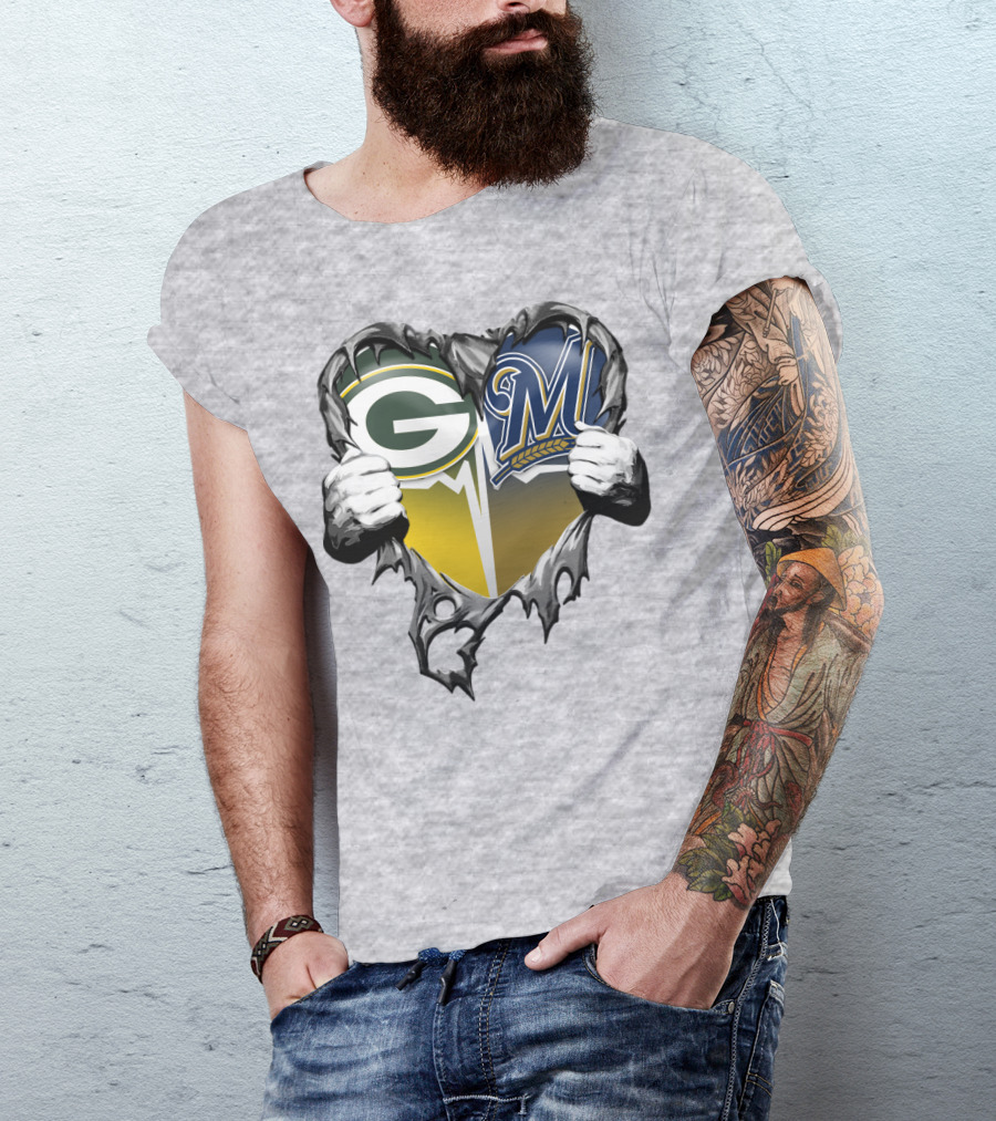 Green Bay Packers Milwaukee Brewers Heart Tear T-Shirt
