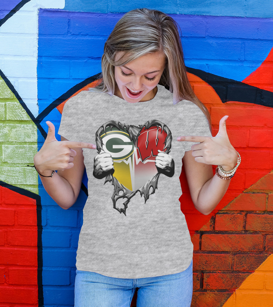 Green Bay Packers And Wisconsin Badgers Rip Heart T-Shirt
